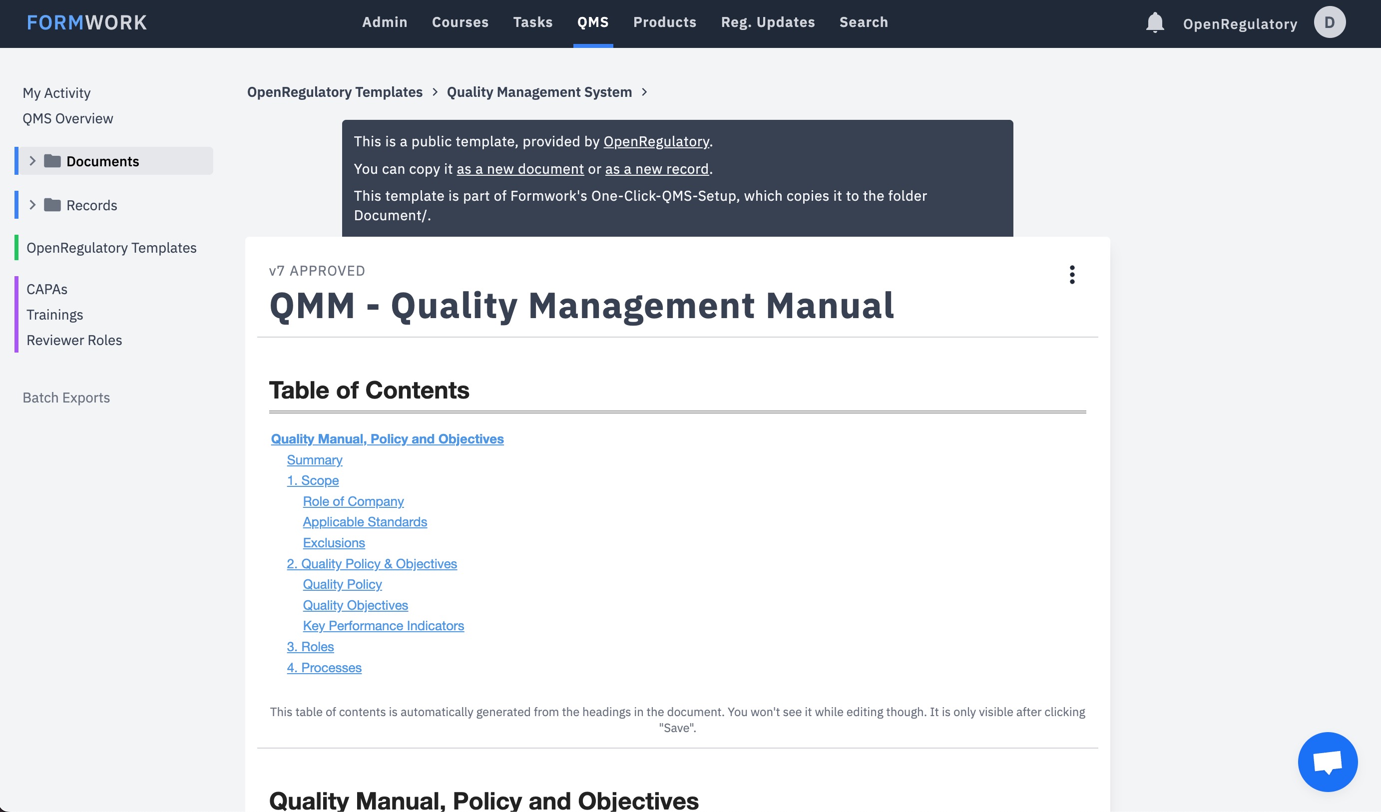 Formwork eQMS screenshot (Free OpenRegulatory EU MDR Template)