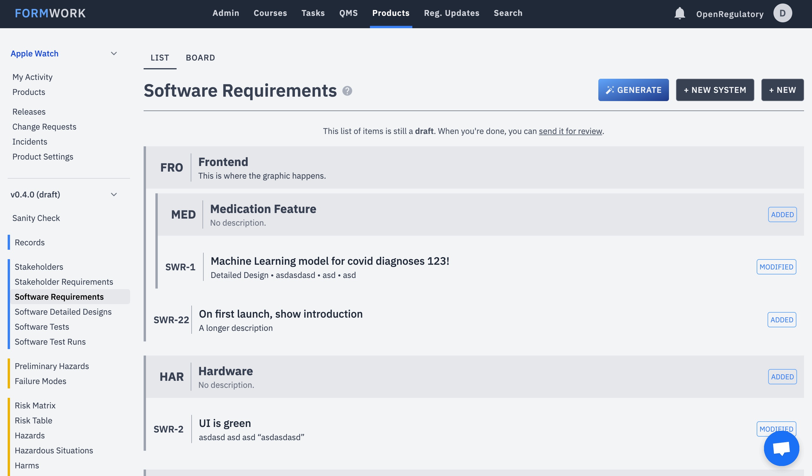 Formwork eQMS Screenshot (Requirements Management)